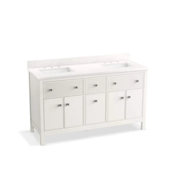 KOHLER Malin 61in. Double Sink Freestanding White Bath Vanity with White Quartz Top Assembled