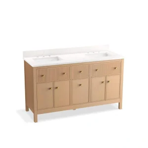 KOHLER Malin 61in. Double Sink Freestanding White Oak Bath Vanity with White Quartz Top Assembled