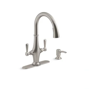 KOHLER Pannier Two-Handle Pull Down Sprayer Kitchen Faucet in Vibrant Stainless