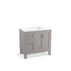 KOHLER Quo 37in. Single Sink Freestanding Mohair Grey Bath Vanity with White Quartz Top Assembled