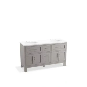 KOHLER Quo 61in. Double Sink Freestanding Mohair Grey Bath Vanity with White Quartz Top Assembled