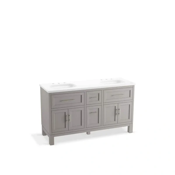 KOHLER Quo 61in. Double Sink Freestanding Mohair Grey Bath Vanity with White Quartz Top Assembled