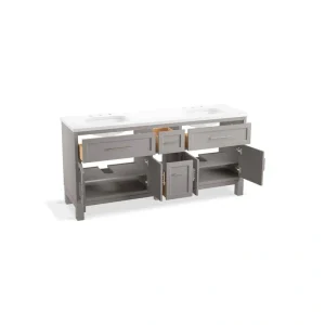 KOHLER Quo 73in. Double Sink Freestanding Mohair Grey Bath Vanity with White Quartz Top Assembled
