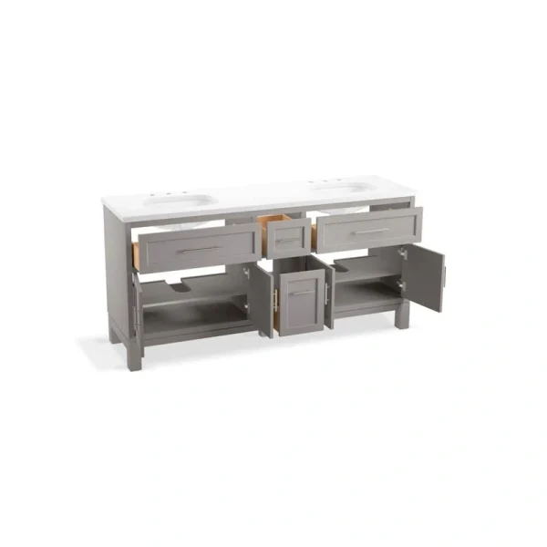 KOHLER Quo 73in. Double Sink Freestanding Mohair Grey Bath Vanity with White Quartz Top Assembled