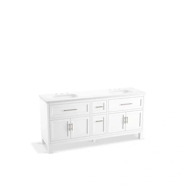 KOHLER Quo 73in. Double Sink Freestanding White Bath Vanity with White Quartz Top Assembled