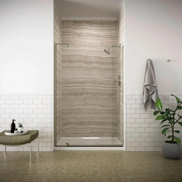 KOHLER Revel 48 in. x 70 in. Frameless Pivot Shower Door in Anodized Brushed Nickel with Handle