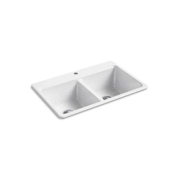 KOHLER Riverby 33 in. Cast Iron Drop-in Double Bowl White Kitchen Sink T726938293