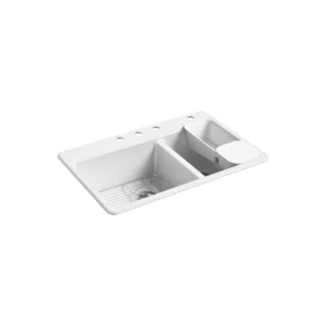 KOHLER Riverby Cast Iron 33 in. 4-Hole Double Bowl Drop-In Kitchen Sink in White