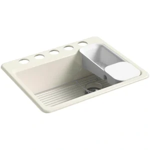 KOHLER Riverby Undermount Cast Iron 27 in. 5-Hole Single Bowl Kitchen Sink Kit in Biscuit