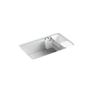 KOHLER Riverby Undermount Cast-Iron 33 in. 5-Hole Single Bowl Kitchen Sink Kit with Accessories in Ice Grey