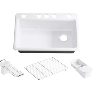 KOHLER Riverby Undermount Cast Iron 33 in. 5-Hole Single Bowl Kitchen Sink with Accessories in White