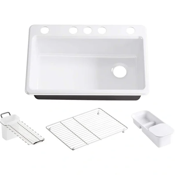 KOHLER Riverby Undermount Cast Iron 33 in. 5-Hole Single Bowl Kitchen Sink with Accessories in White
