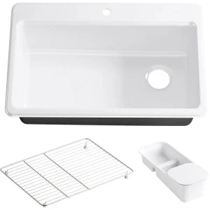 KOHLER Riverby Workstation Drop-In Cast Iron 33 in. 1-Hole Single Basin Kitchen Sink Kit with Accessories in White