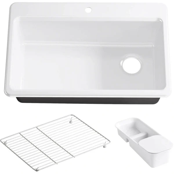 KOHLER Riverby Workstation Drop-In Cast Iron 33 in. 1-Hole Single Basin Kitchen Sink Kit with Accessories in White