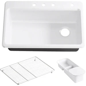 KOHLER Riverby Workstation Drop-In Cast Iron 33 in. 4-Hole Single Bowl Kitchen Sink Kit with Included Accessories in White