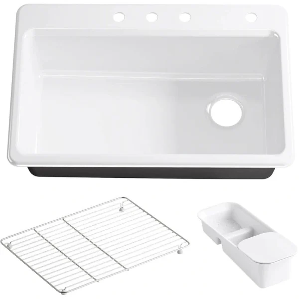 KOHLER Riverby Workstation Drop-In Cast Iron 33 in. 4-Hole Single Bowl Kitchen Sink Kit with Included Accessories in White