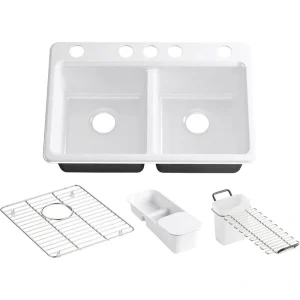 KOHLER Riverby Workstation Undermount Cast Iron 33 in. 5-Hole Double Bowl Kitchen Sink Kit in White with Accessories