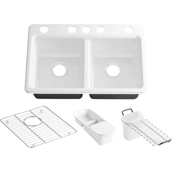 KOHLER Riverby Workstation Undermount Cast Iron 33 in. 5-Hole Double Bowl Kitchen Sink Kit in White with Accessories