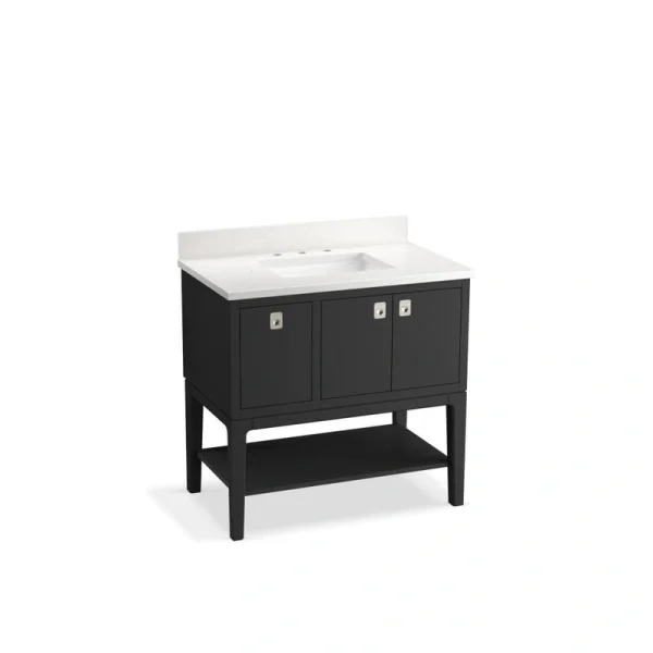 KOHLER Seagrove 37in. Single Sink Freestanding Ferrous Grey Bath Vanity with White Quartz Top Assembled