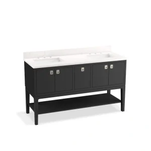 KOHLER Seagrove 61in. Double Sink Freestanding Ferrous Grey Bath Vanity with White Quartz Top Assembled