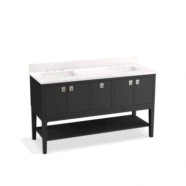 KOHLER Seagrove 61in. Double Sink Freestanding Ferrous Grey Bath Vanity with White Quartz Top Assembled