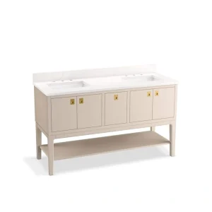 KOHLER Seagrove 61in. Double Sink Freestanding Light Clay Bath Vanity with White Quartz Top Assembled