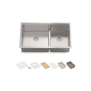 KOHLER Strive 32 in. Undermount Double Bowl Stainless Steel Workstation Kitchen Sink