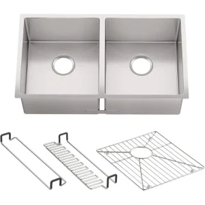 KOHLER Strive Undermount Stainless Steel 32 in. Double Bowl Kitchen Sink Kit