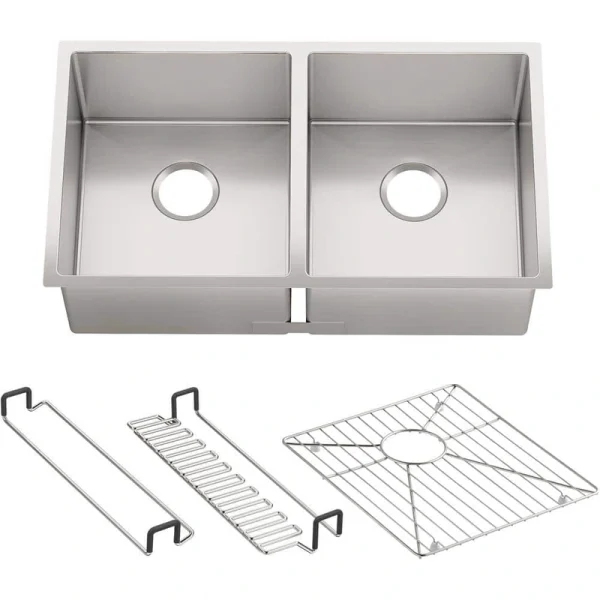 KOHLER Strive Undermount Stainless Steel 32 in. Double Bowl Kitchen Sink Kit