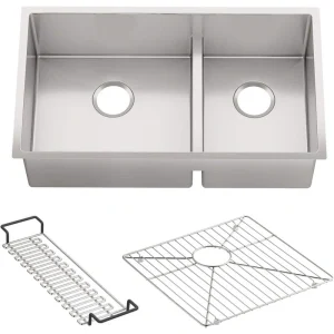 KOHLER Strive Undermount Stainless Steel Smart Divide 32 in. Double Bowl Kitchen Sink Kit with Included Accessories