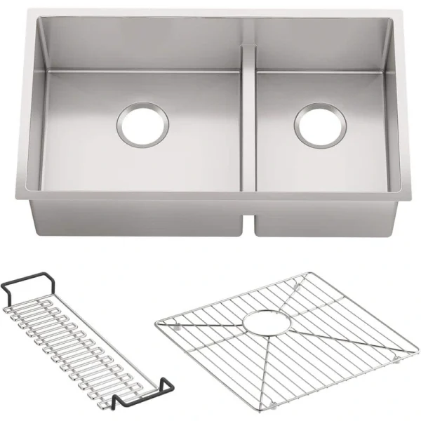 KOHLER Strive Undermount Stainless Steel Smart Divide 32 in. Double Bowl Kitchen Sink Kit with Included Accessories
