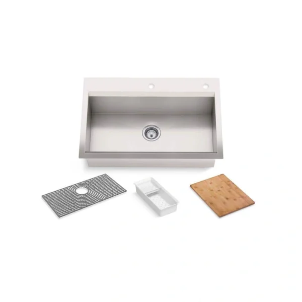 KOHLER Task Workstation 33 in. Drop-in/Undermount Single Bowl Stainless Steel Kitchen Sink with 2 Faucet Holes