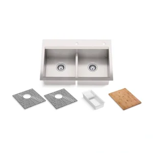 KOHLER Task Workstation 33 in. Dual Mount Double Bowl Stainless Steel Kitchen Sink with Smart Divide