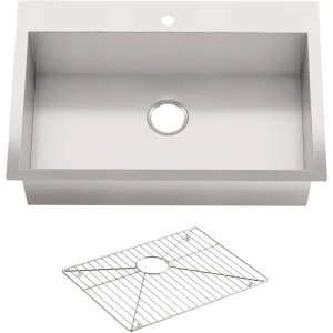 KOHLER Vault Dual Mount Stainless Steel 33 in. 1-Hole Single Bowl Kitchen Sink with Basin Rack