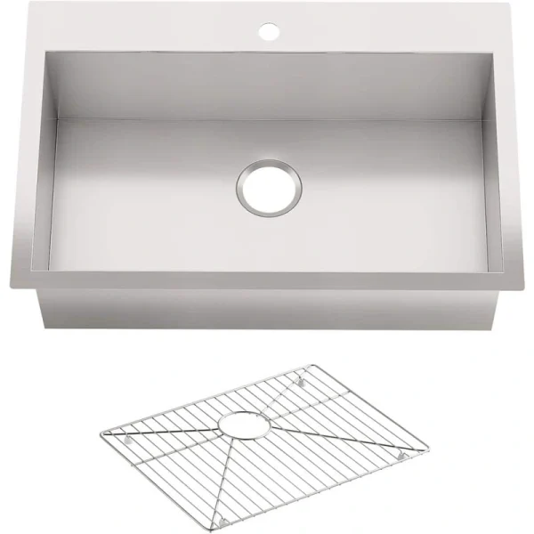 KOHLER Vault Dual Mount Stainless Steel 33 in. 1-Hole Single Bowl Kitchen Sink with Basin Rack