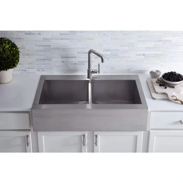 KOHLER Vault Farmhouse Drop-In Apron Front Self-Trimming Stainless Steel 36 in. 1-Hole Double Bowl Kitchen Sink