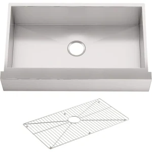 KOHLER Vault Farmhouse Undermount Apron Front Stainless Steel 36 in. Single Bowl Kitchen Sink Kit with Basin Rack