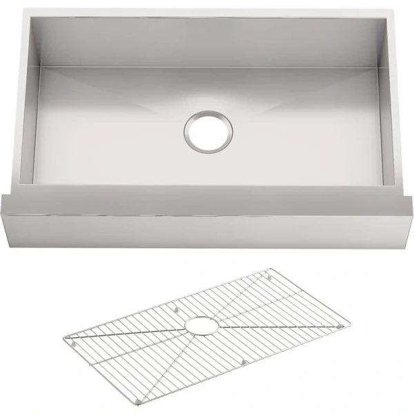 KOHLER Vault Farmhouse Undermount Apron Front Stainless Steel 36 in. Single Bowl Kitchen Sink Kit with Basin Rack