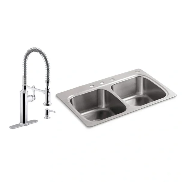 KOHLER Verse Drop-In Stainless Steel 33 in. Double Bowl Kitchen Sink with Sous Kitchen Faucet