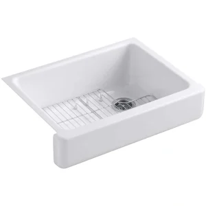 KOHLER Whitehaven Farmhouse Apron Front Self-Trimming Cast Iron 30 in. Single Bowl Kitchen Sink in White with Basin Racks