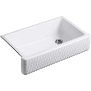 KOHLER Whitehaven Farmhouse Apron Front Self-Trimming Cast Iron 36 in. Single Bowl Kitchen Sink in White with Hayridge Design