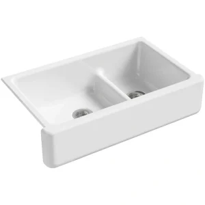 KOHLER Whitehaven Smart Divide Self-Trimming Farmhouse Apron Front Cast Iron 36 in. Double Bowl Kitchen Sink in White