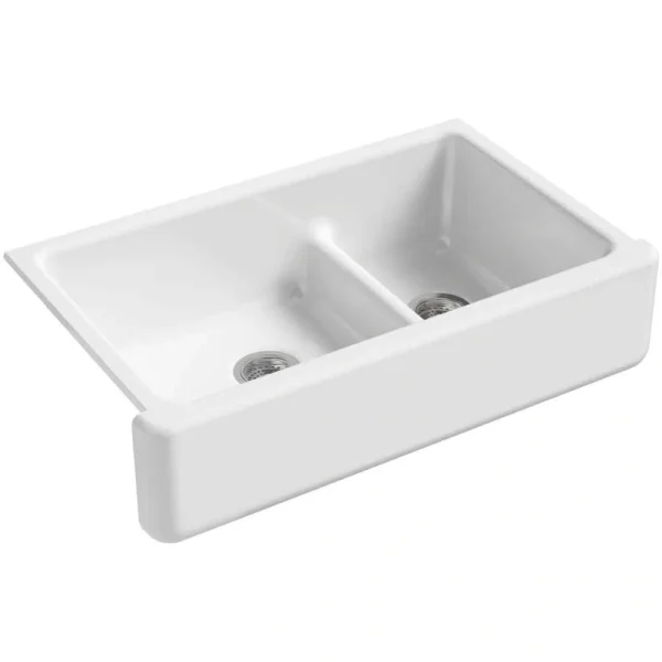 KOHLER Whitehaven Smart Divide Self-Trimming Farmhouse Apron Front Cast Iron 36 in. Double Bowl Kitchen Sink in White