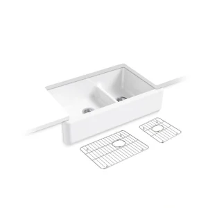 KOHLER Whitehaven SmartDivide Undermount Farmhouse Tall Apron Front 36 in. Double Bowl Kitchen Sink White with Basin Racks