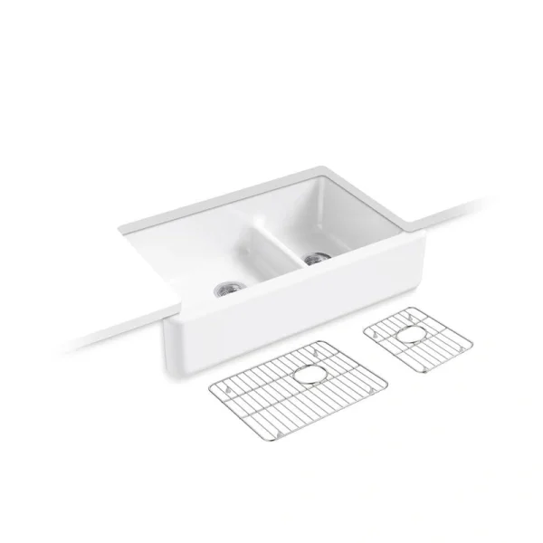 KOHLER Whitehaven SmartDivide Undermount Farmhouse Tall Apron Front 36 in. Double Bowl Kitchen Sink White with Basin Racks