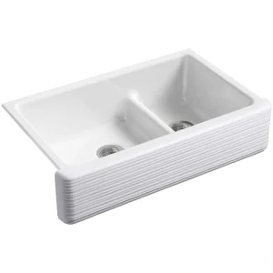 KOHLER Whitehaven Undermount Farmhouse Apron Front Cast Iron 36 in. Double Bowl Smart Divide Kitchen Sink White Hayridge Design