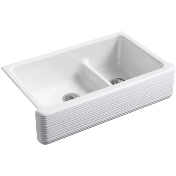 KOHLER Whitehaven Undermount Farmhouse Apron Front Cast Iron 36 in. Double Bowl Smart Divide Kitchen Sink White Hayridge Design