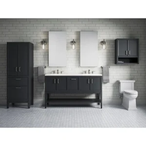 KOHLER Winnow 60in. Double Sink Freestanding Slate Grey Bath Vanity with White Quartz Top Assembled
