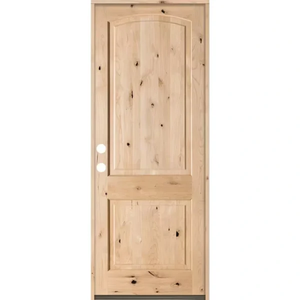 Krosswood Doors 36 in. x 96 in. Rustic Top Rail Arch 2 Panel Right-Hand Inswing Unfinished Knotty Alder Exterior Wood Prehung Front Door