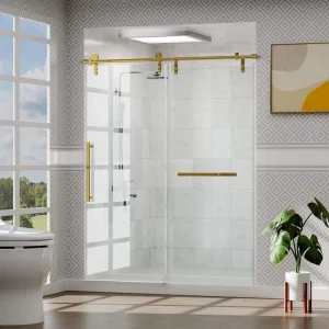 KULLAVIK 56-60 in. W x 76 in. H Frameless Glass Shower Door, Stainless Steel Handle, Noiseless, Waterproof, Shatterproof, Golden